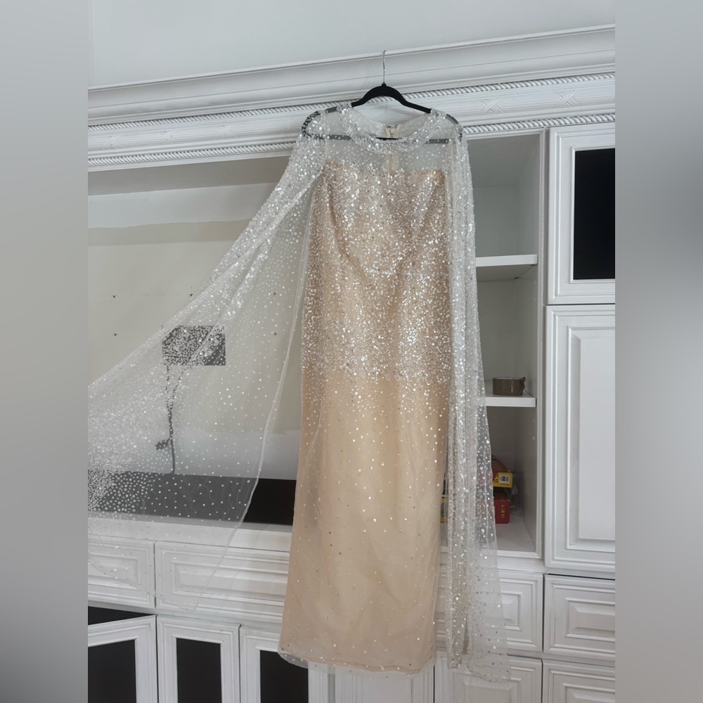 Sequin Embellished Champagne Evening Gown with Sheer Sparkle Cape